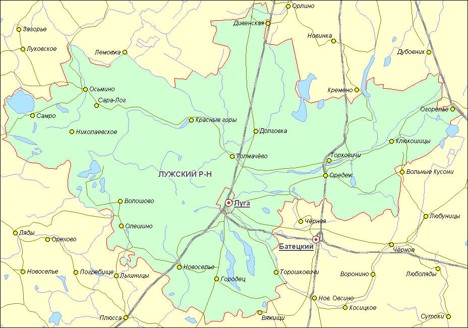 Карта лужского района ленинградской области с деревнями и дорогами подробная