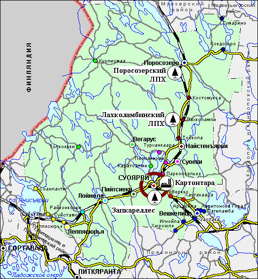 Карта суоярвского района с озерами и дорогами со спутника